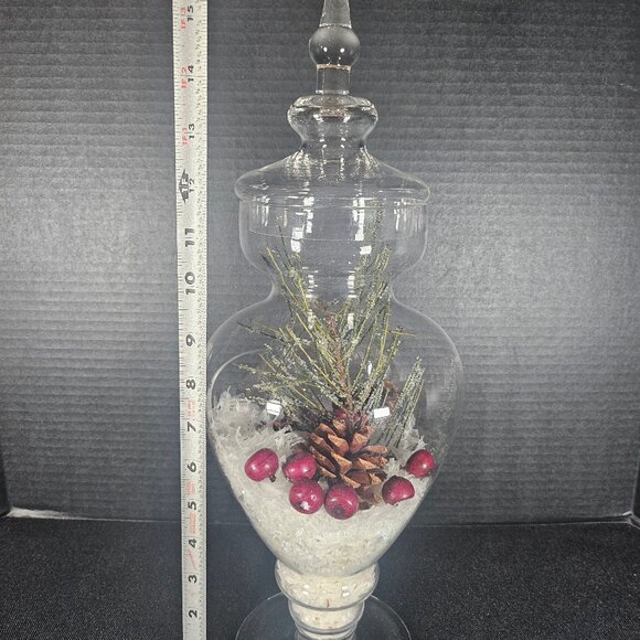 Elements Large Clear Apothecary Glass Jar With Faux Snow Pine Cones Berries - Picture 8 of 10